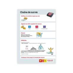 Affiche plastifiée chaîne de survie pour FRED EASY : chaîne de survie et numéros d'urgence à composer
