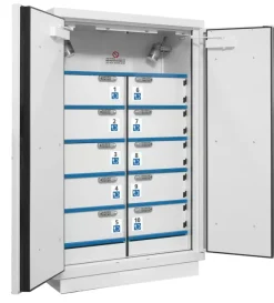 Armoire 90 Minutes 2 Portes Hautes, 2 extincteurs 10 Casiers Avec Prise , Fermeture digicode - blanche