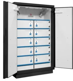 Armoire 90 Minutes 2 Portes Hautes, 2 extincteurs 10 Casiers Avec Prise , Fermeture à clef - noire