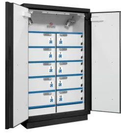 Armoire 90 Minutes 2 Portes Hautes, 2 extincteurs 10 Casiers Avec Prise , Fermeture digicode - noire