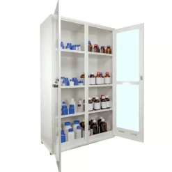 Armoire multirisque série 14 haute 2 portes vitrées - 3 étagères réglables en hauteur - 1 bac de rétention