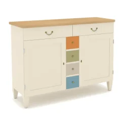 Buffet 2 portes 2 tiroirs Quinquina - l. 142 x h. 102 x pr. 58 cm - hêtre massif beige bouleau - plateau stratifié