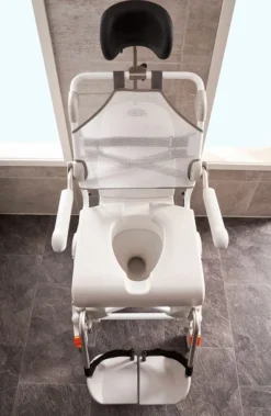 Fauteuil de douche bariatrique Etac Swift Mobil 2 inclinable par vérin à gaz - 4 roulettes à freins - lim. 160 kg - blanc