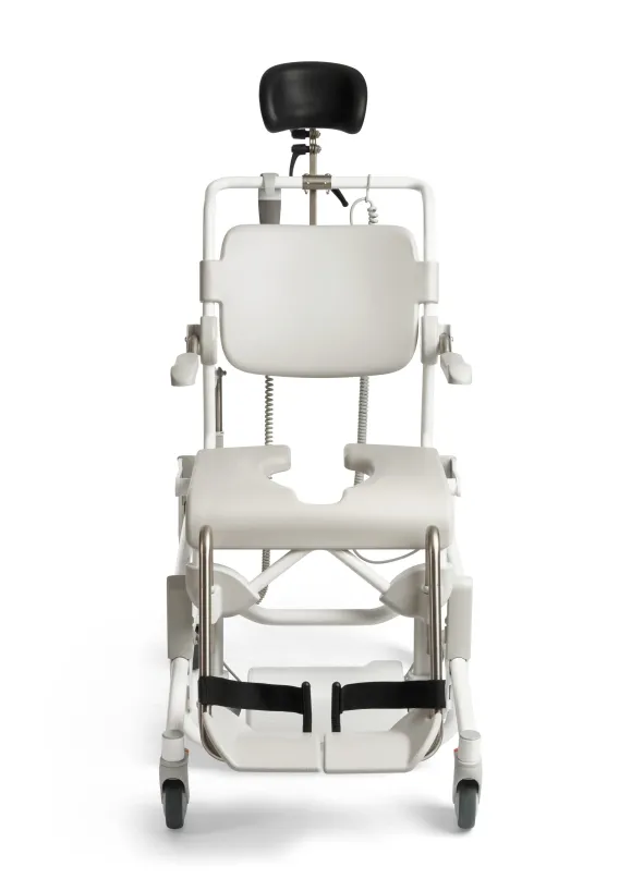 Fauteuil de douche et de toilettes motorisé Alto - dossier plein + supports bassin inclus - poids limite 160 kg