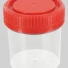 Flacon 150 ml en matière styrénique transparente cape à vis d'intégrité rouge stérile