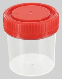 Flacon 150 ml en matière styrénique transparente cape à vis d'intégrité rouge stérile