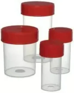 Flacon Ø 33 mm hauteur 70 mm PP 60 ml transparent aseptique avec bouchon à vis rouge PEBD x 700