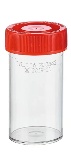 Flacon PS translucide 60 ml cape à vis rouge stérile résistant 95kpa x 600