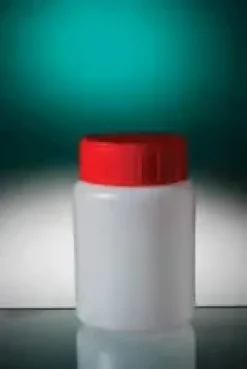 Flacon rond 100 ml PEHD naturel hauteur 80 mm Ø 37 mm avec bouchon rouge avec obturateur naturel x 335