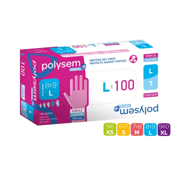 Gant d'examen Polysem® - vinyle - taille XS - 1 carton de 10 boites de 100 gants