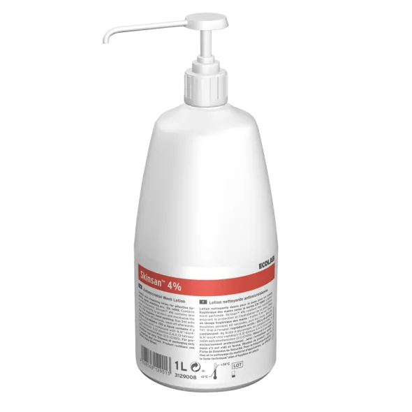 Lotion nettoyante douce Skinsan 4% chlorhexidine - 12 flacons pompe de 1L