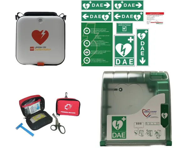 Pack EXT Alerte Max : Défibrillateur Ent Auto DEA LIFEPAK CR2, boîtier AIVIA 200 alarme, kits signalétique et secours