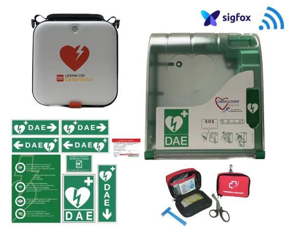 Pack EXT Supervisé Connecté : Défibrillateur DSA Lifepak CR2, boîtier Aivia 200W alarme, kits signalétique et secours