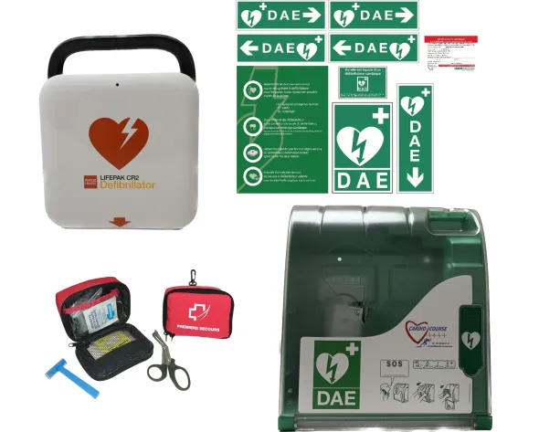 Pack INT Alerte Max : Défibrillateur Semi-Auto DSA Lifepak CR2, boîtier AIVIA 100 alarme, kits signalétique et secours
