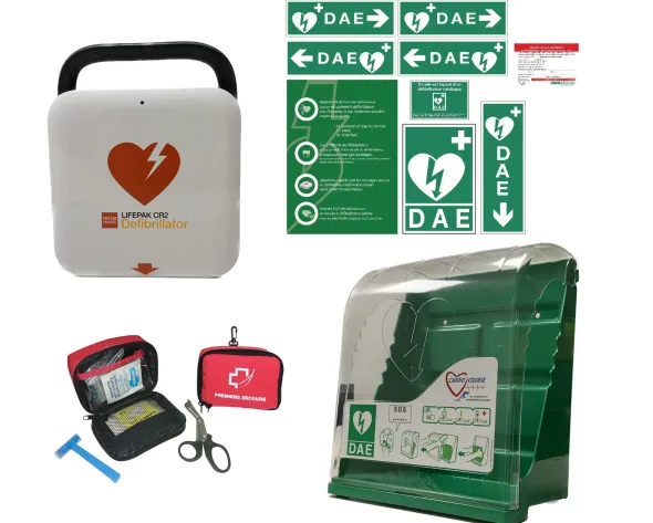 Pack INT Initial : Défibrillateur Semi-Auto DSA Lifepak CR2, boîtier AIVIA S sans alarme, kits signalétique et secours
