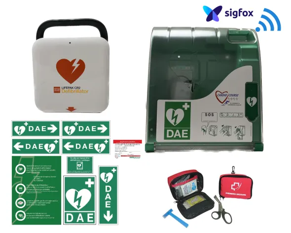 Pack INT Supervisé Connecté : Défibrillateur DSA Lifepak CR2, boîtier Aivia 100W alarme, kits signalétique et secours