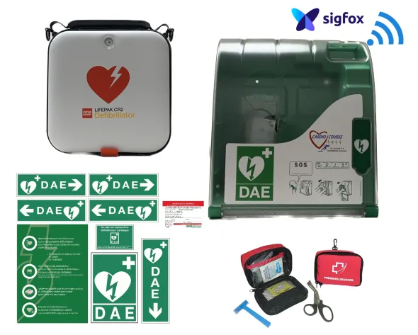 Pack INT Supervisé Connecté : Défibrillateur DEA LIFEPAK CR2, boîtier Aivia 100W, kits signalétique et secours