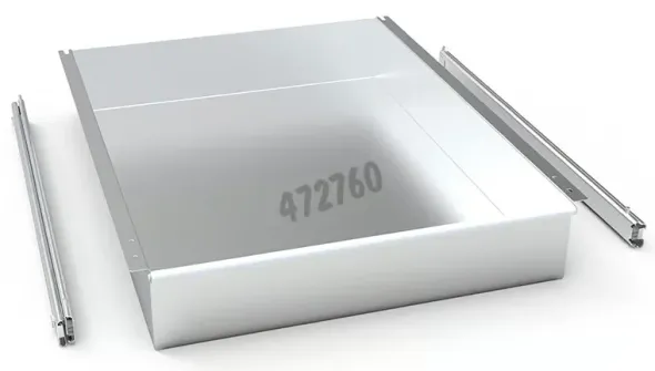 Plateau tiroir acier inox avec rail télescopique hauteur 105 mm ouverture jusqu'à 70 %, charge max 40 kg