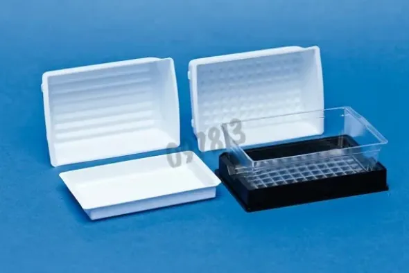 Réservoir 96 puits hts hips blanc stérile avec 2 supports x 50