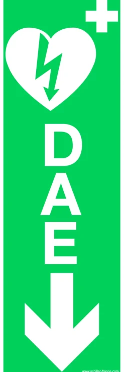 Signalétique défibrillateur DAE flèche bas : flèche bas de taille 11 x 30 cm [distribuée par Schiller]