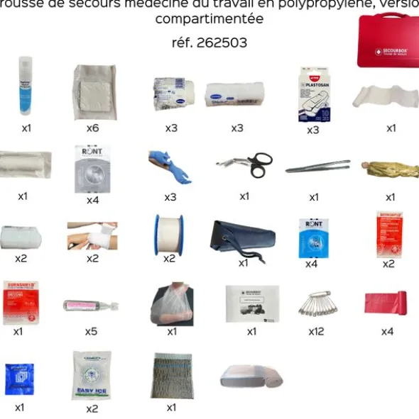 Trousse de secours médecine du travail en polypropylène équipée - version compartimentée - rouge