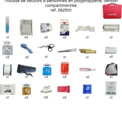 Trousse de secours 8 personnes en polypropylène équipée - version compartimentée - rouge