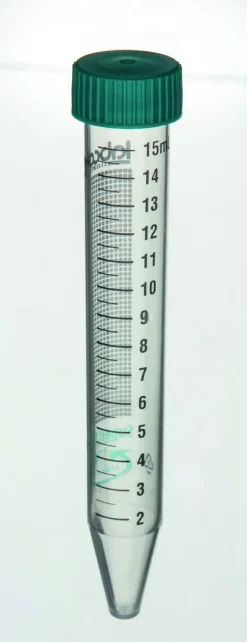 Tube à centrifuger 15 ml gradué en polypropylène fondconique SUPERCLEAR cape à vis verte en rack stérile X 500